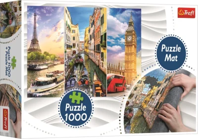 Obrázek k produktu Puzzle Koláž měst Paříž-Benátky-Londýn 1000 dílků + Podložka pod puzzle