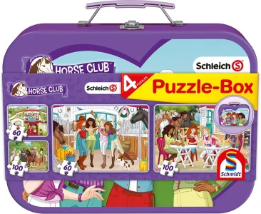 Obrázek k produktu Puzzle Schleich: Horse Club 4v1 v plechovém kufříku (60,60,100,100 dílků)