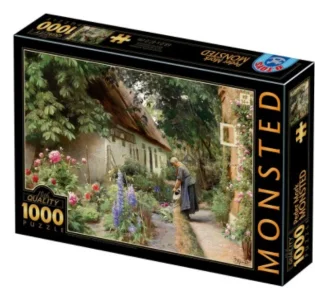 Obrázek k produktu Puzzle Stará žena zalévá květiny za statkem s doškovou střechou 1000 dílků