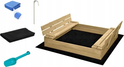 Obrázek k produktu Dřevěné pískoviště s lavičkami a příslušenstvím 120x120cm (přírodní)
