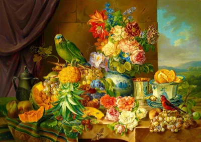 Obrázek k produktu Puzzle Josef Schuster: Zátiší s květinami, ovocem a papouškem 1000 dílků