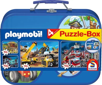 Obrázek k produktu Puzzle Playmobil 4v1 v plechovém kufříku (60,60,100,100 dílků)