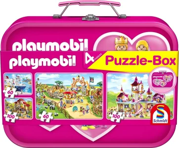 Obrázek k produktu Puzzle Playmobil 4v1 v plechovém kufříku (60,60,100,100 dílků)