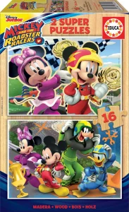 Obrázek k produktu Dřevěné puzzle Mickey, Minnie a závodníci 2x16 dílků