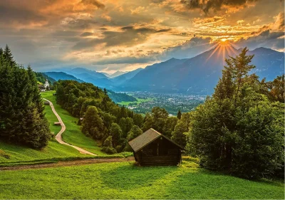 Obrázek k produktu Puzzle Západ slunce nad horskou vesnicí Wamberg 1500 dílků