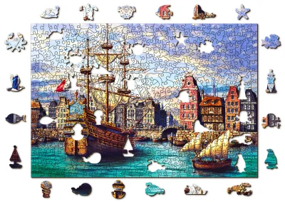 Obrázek k produktu Dřevěné puzzle Staré lodě v přístavu 2v1, 505 dílků EKO