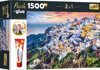 Obrázek k produktu Sada 2v1 puzzle Nádherný ostrov Santorini, Řecko 1500 dílků s lepidlem